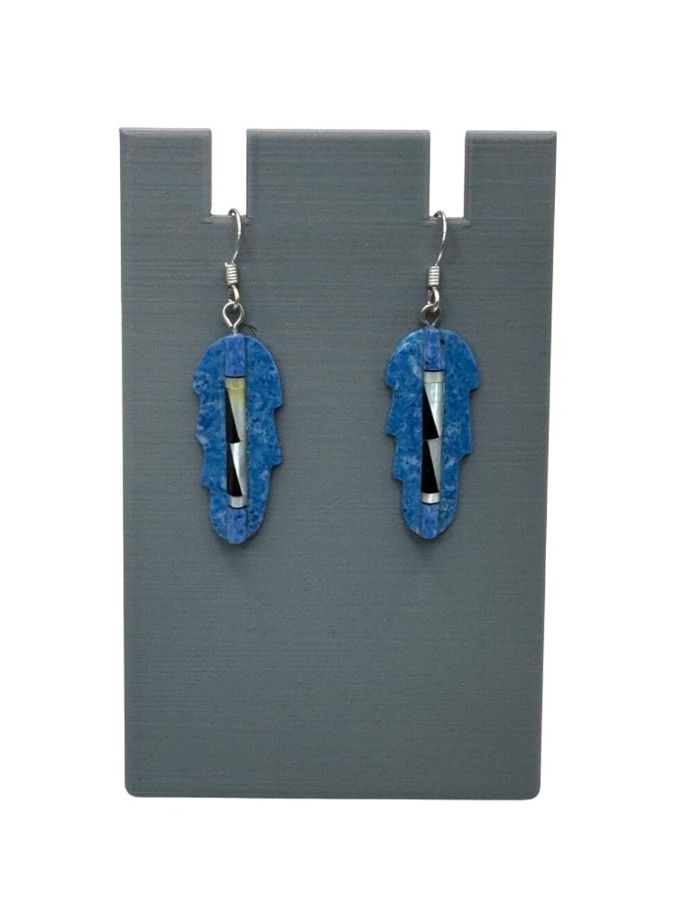 Blue Feather Carved Turquoise Onyx Abalone Inlay Earrings Sterling Southwestern